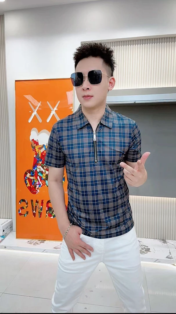 2025夏季新款翻领个性时尚休闲短袖翻领格子T恤男半拉链半袖上衣