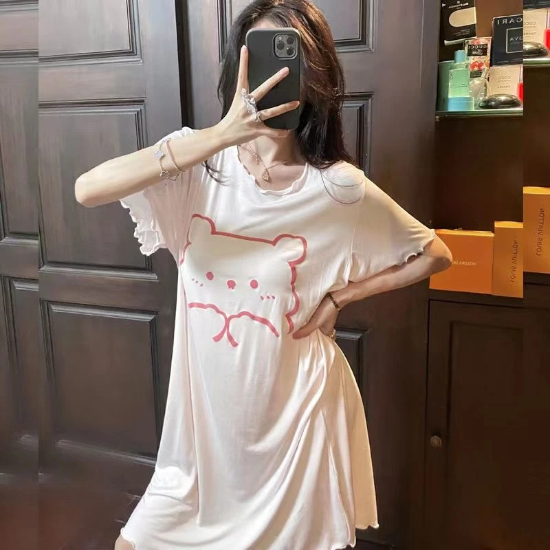夏天睡裙女莫代尔柔软短袖大码宽松小熊春夏带胸垫中长裙青年薄款