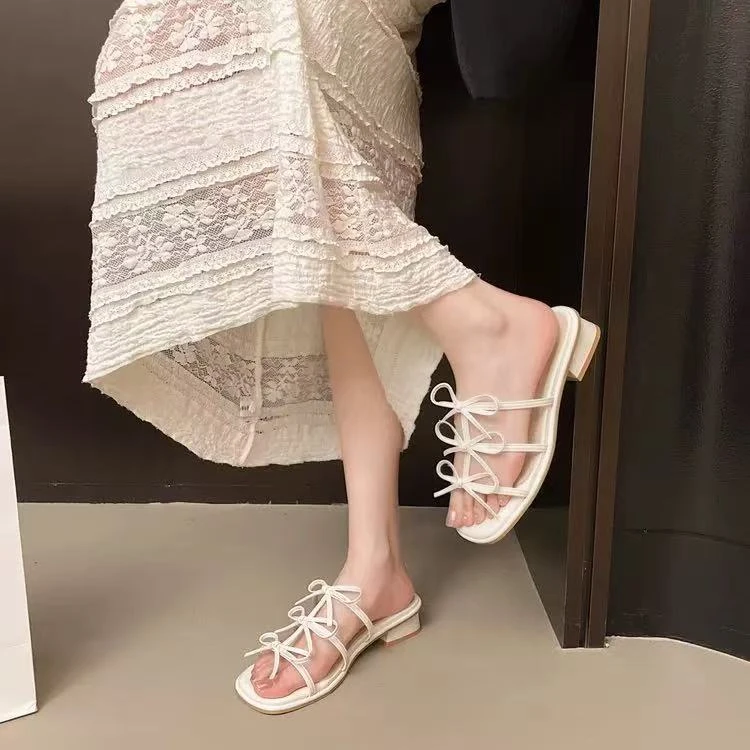 法式方头外穿中跟一字拖女2025年夏季粗跟仙女风78-13