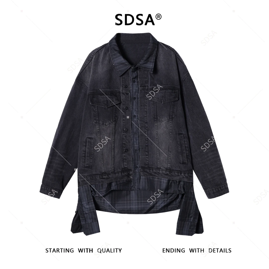 SDSA男士秋冬新款痞帅男装格纹牛仔拼接翻领假两件纽扣外套百搭夹