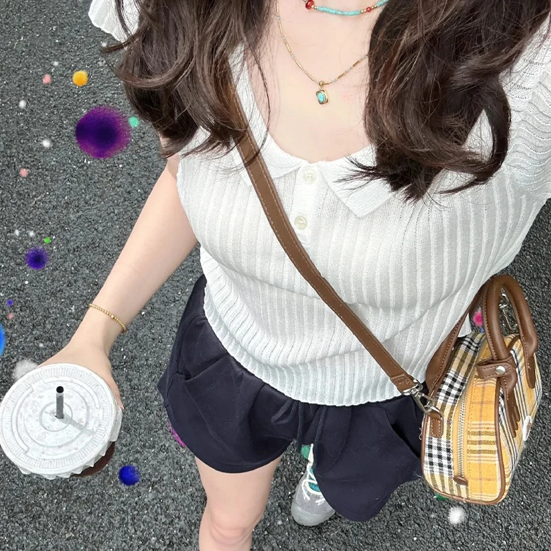 百搭polo领冰丝针织短袖正肩t恤女夏季显瘦薄款独特别致短款上衣