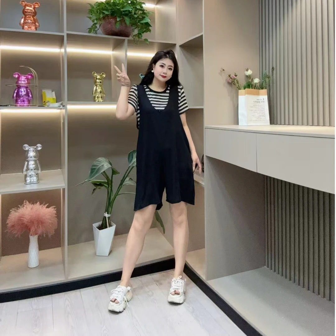 夏季背带裤两件套-娇 666 时尚洋气条纹潮流显瘦胖MM大码女装新款