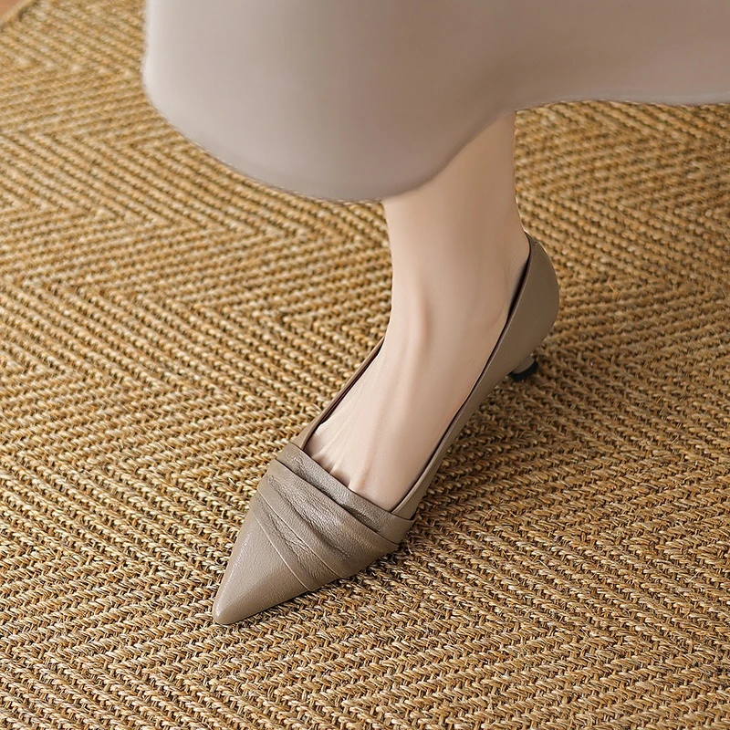 软羊皮~巨显瘦~法式复古尖头褶皱浅口单鞋女时尚气质职业细高跟鞋