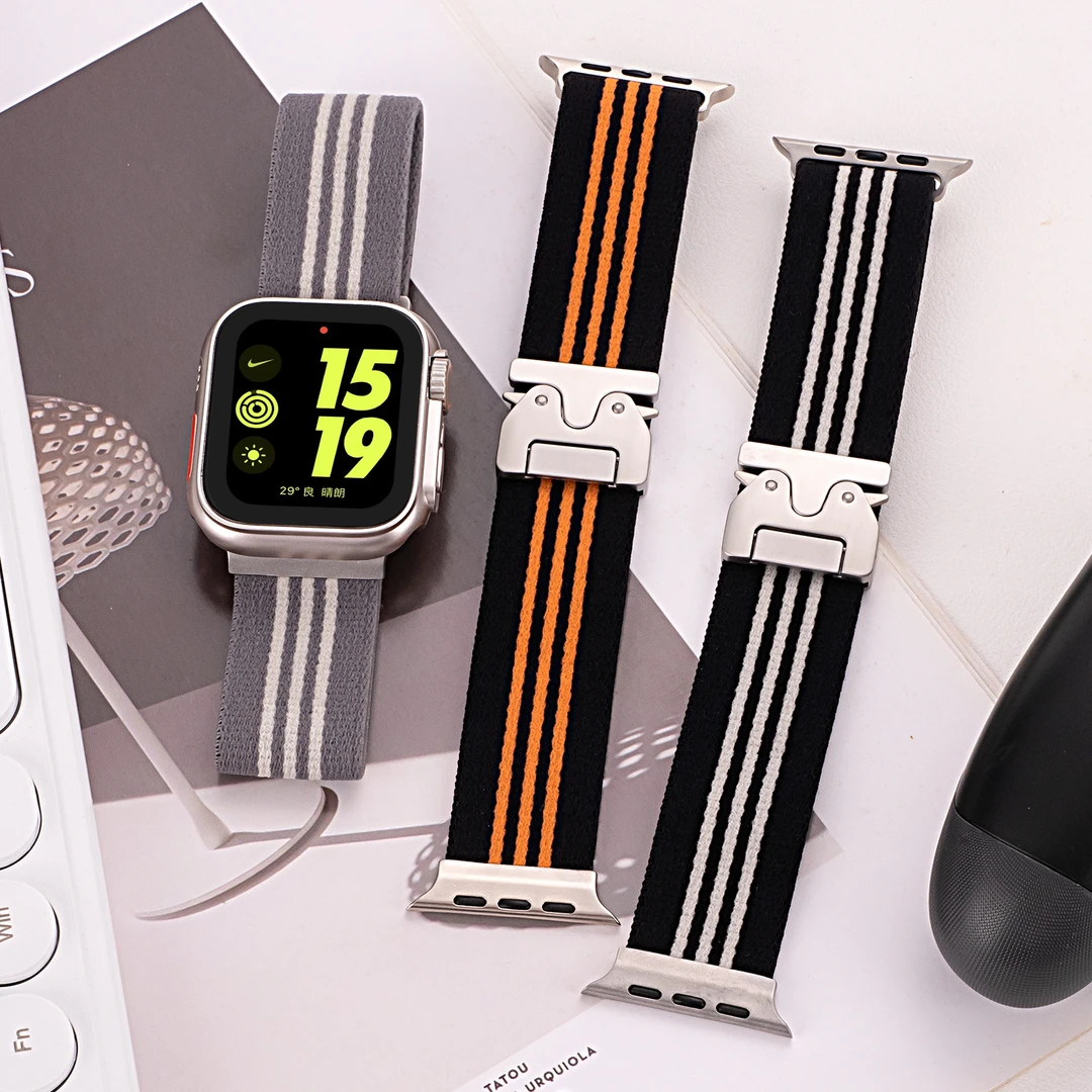 适用苹果ultra2手表带iWatchS4尼龙表带运动条纹降落伞扣腕带