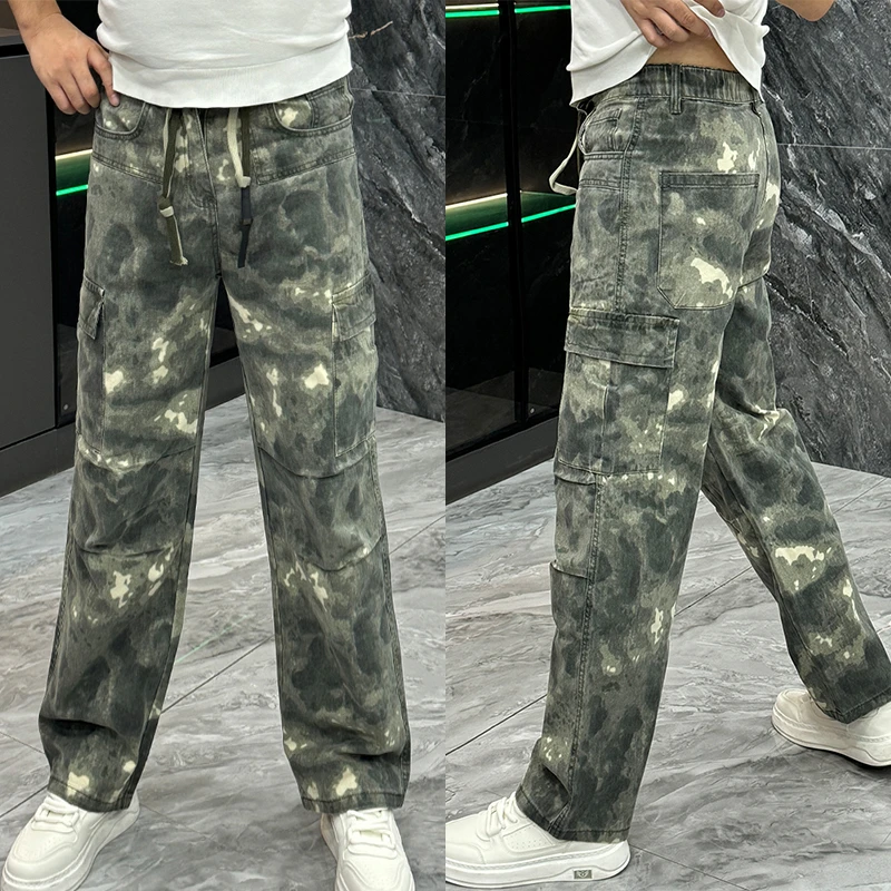秋季新款男士牛仔裤美式潮流百搭大口袋直筒裤青年迷彩扎染阔腿裤