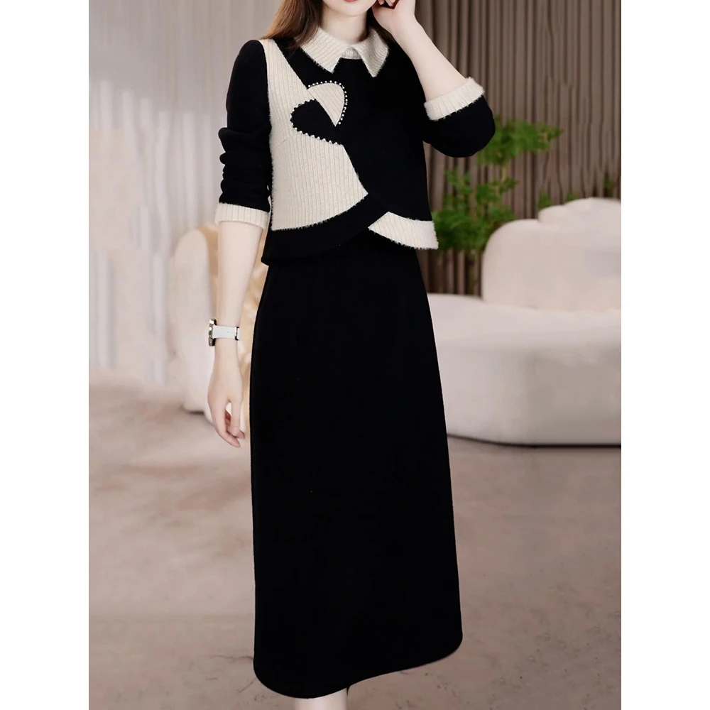 时尚洋气撞色拼接假两件连衣裙2025冬季新款优雅名媛风长袖A字裙