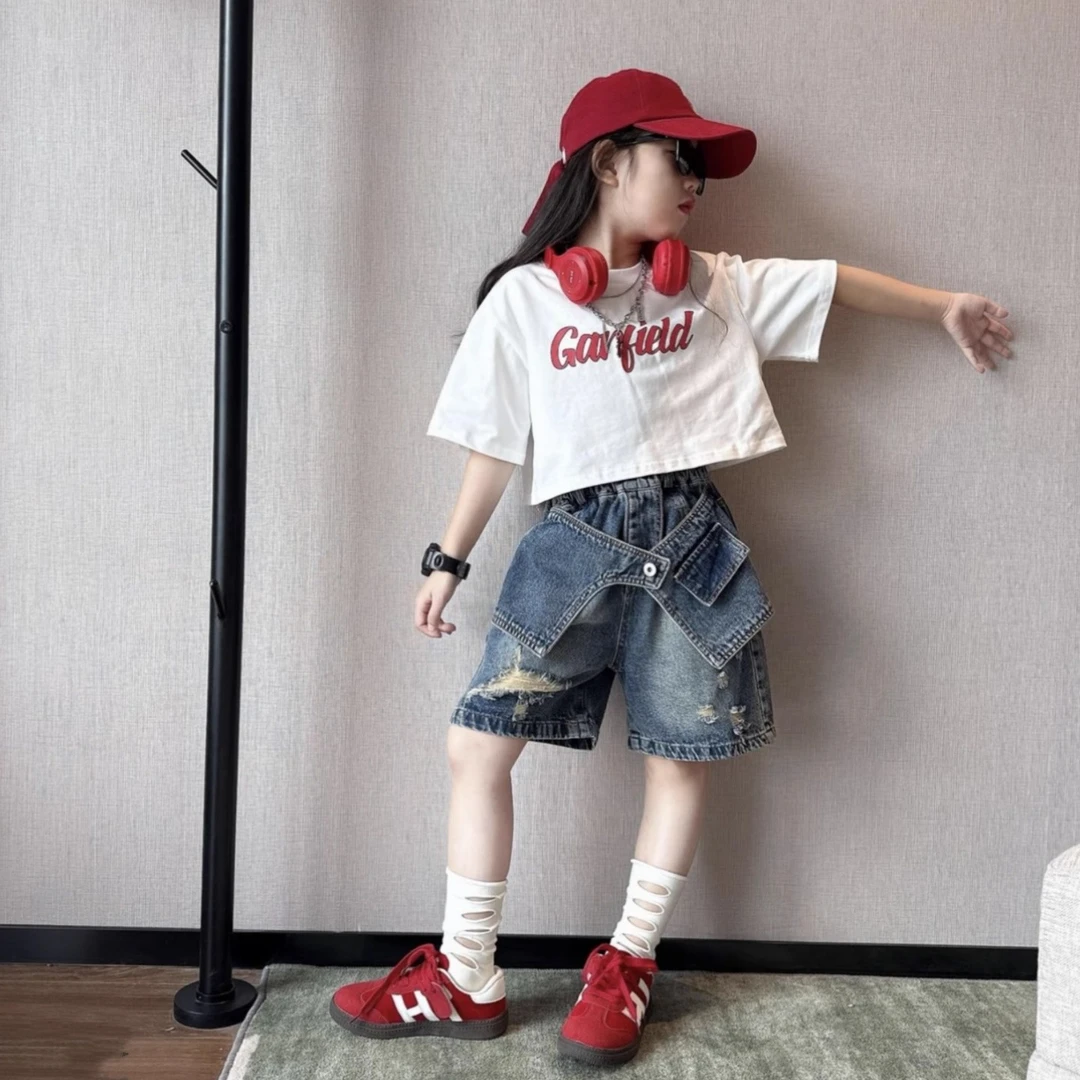 女童夏季套装2025新款洋气大童潮酷短袖t恤夏装短裤儿童牛仔中裤