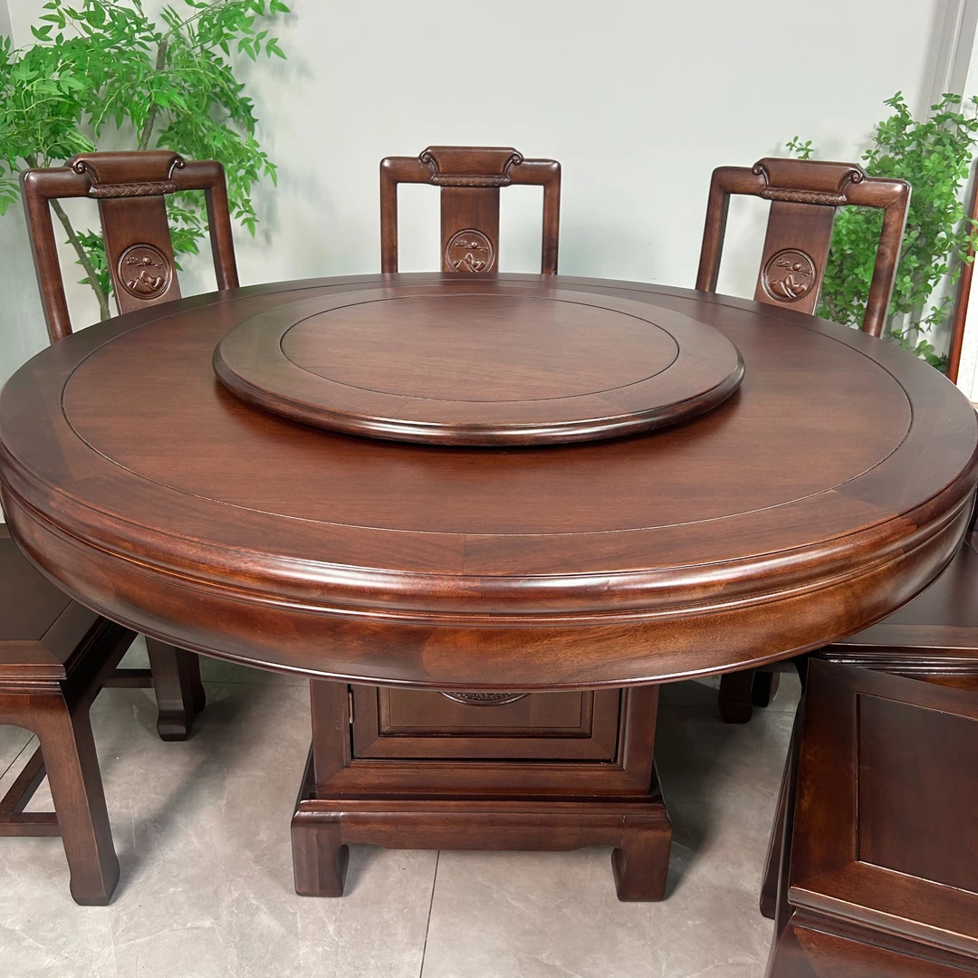 南美紫檀木圆形全实木餐桌椅组合家用餐厅饭桌新中式高档圆桌