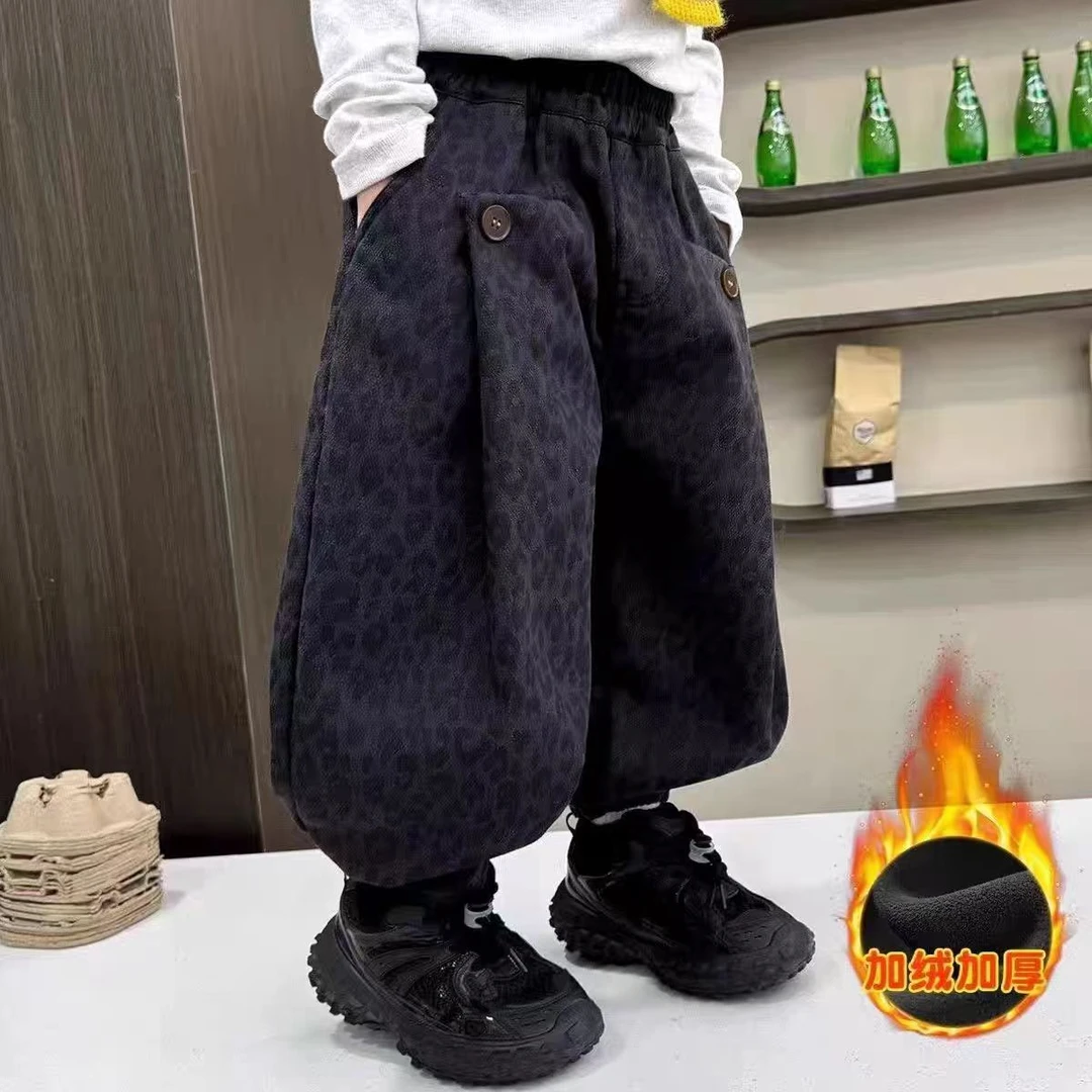 男童加绒豹纹裤灯笼裤2025秋冬新款儿童宽松哈伦裤休闲豹纹长裤