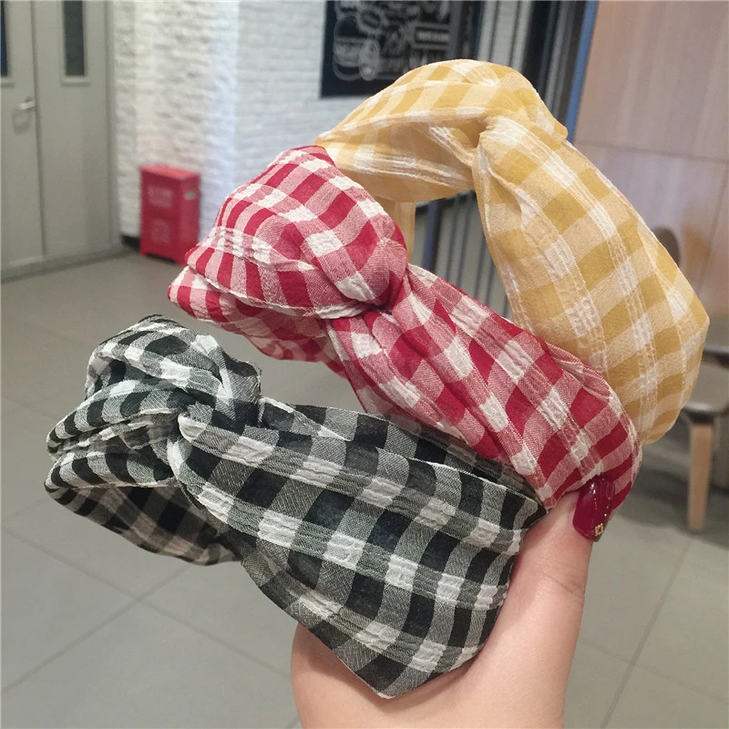 韩国热卖新气质简约清新宽边打结发箍格子交叉头箍发卡发带头饰女