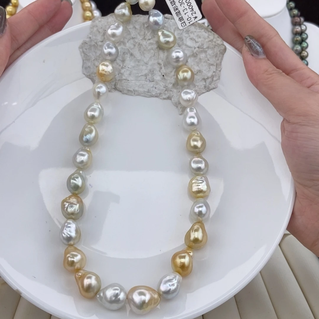 项链银S925镶嵌海水珍珠10-13/30颗 白金