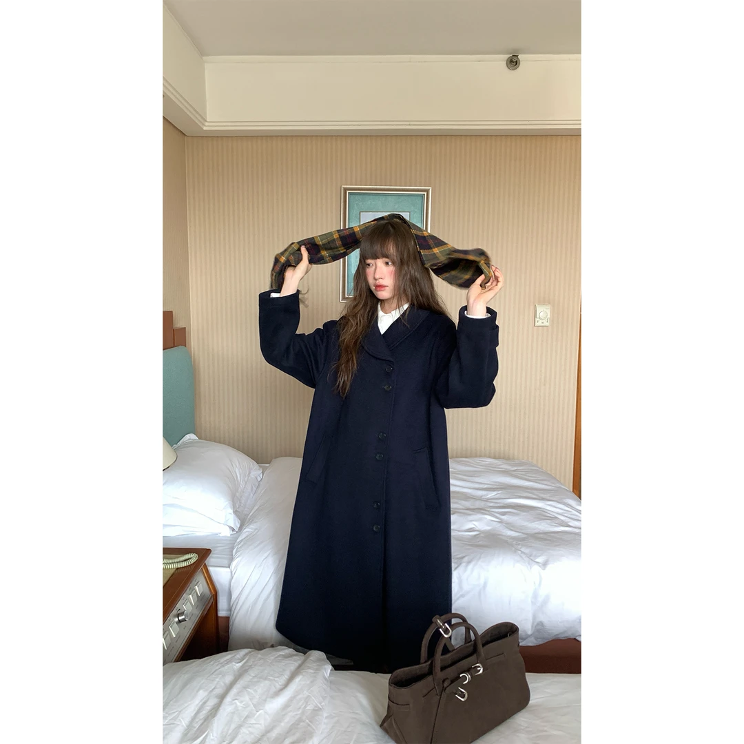 RAINY 韩系利落气质感青果领大衣冬季女防风翻领直筒宽松毛呢外套