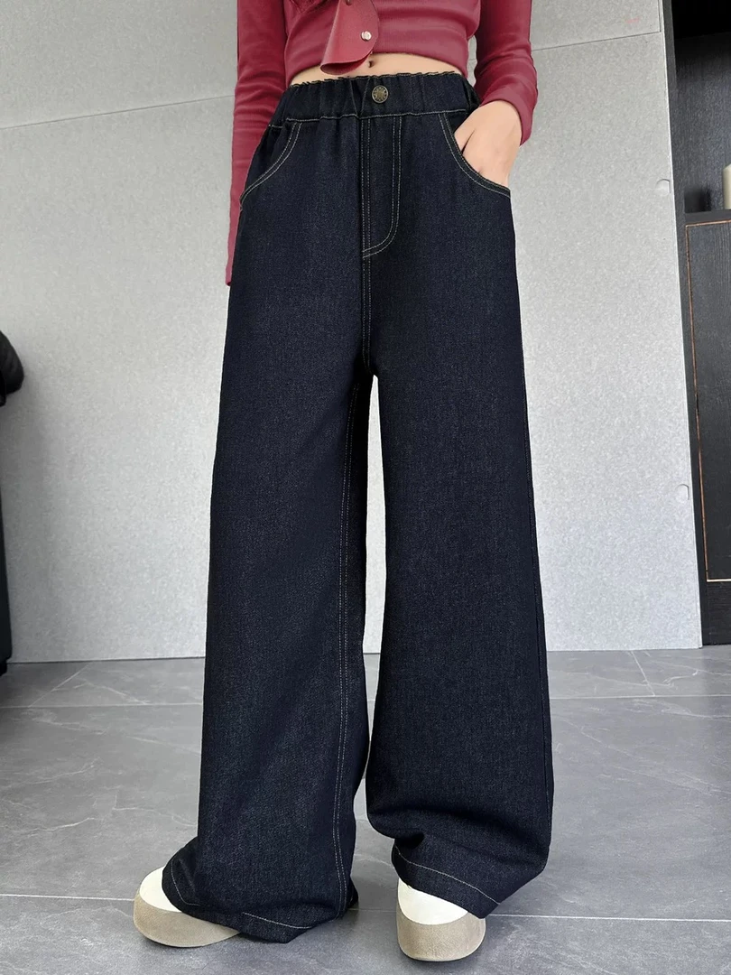 冬季新款女童加绒洋气百搭阔腿牛仔裤中大童长裤zb6148简约童品