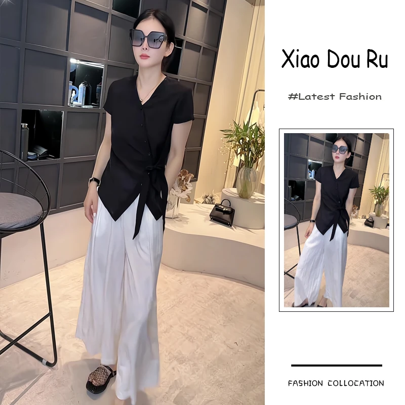 夏季流行穿搭一整套新款2025韩系通勤风不规则绑带上衣阔腿裤套装