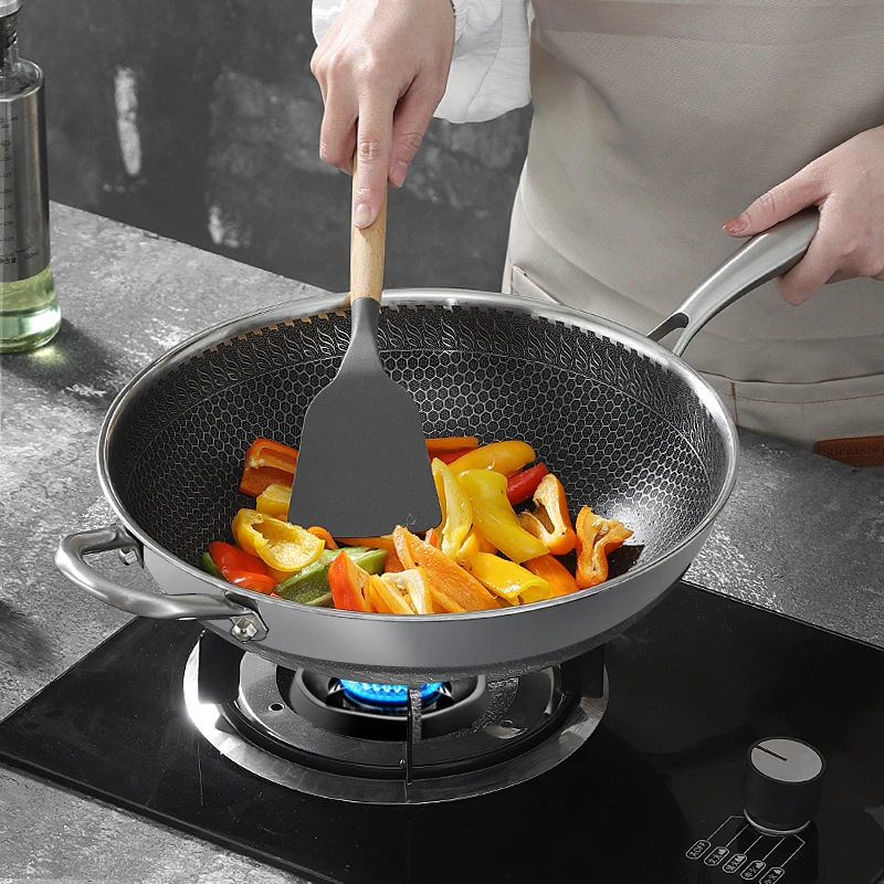 316L不粘锅家用厨具不锈钢平底锅耐用蜂窝无涂层炒锅炒菜不粘锅