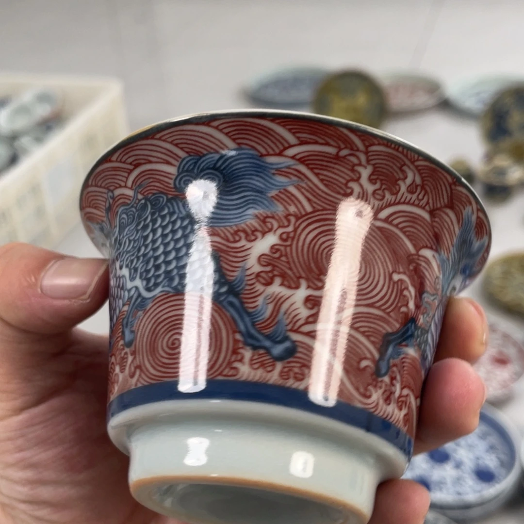 瓷片景德镇麒麟踏浪马蹄盖碗