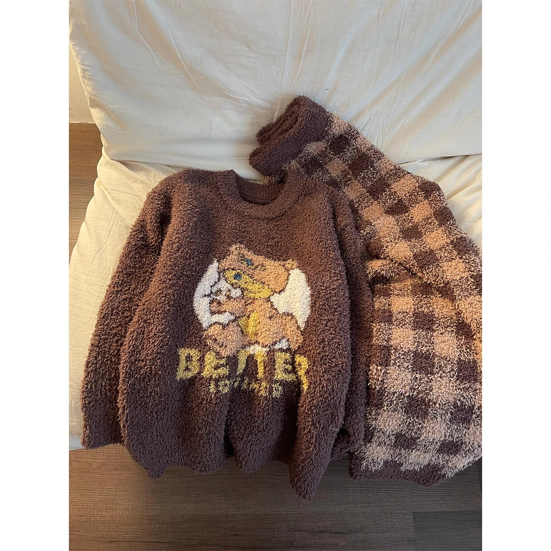 可爱毛绒小熊针织半边绒睡衣女2025秋冬款加绒加厚保暖家居服套装