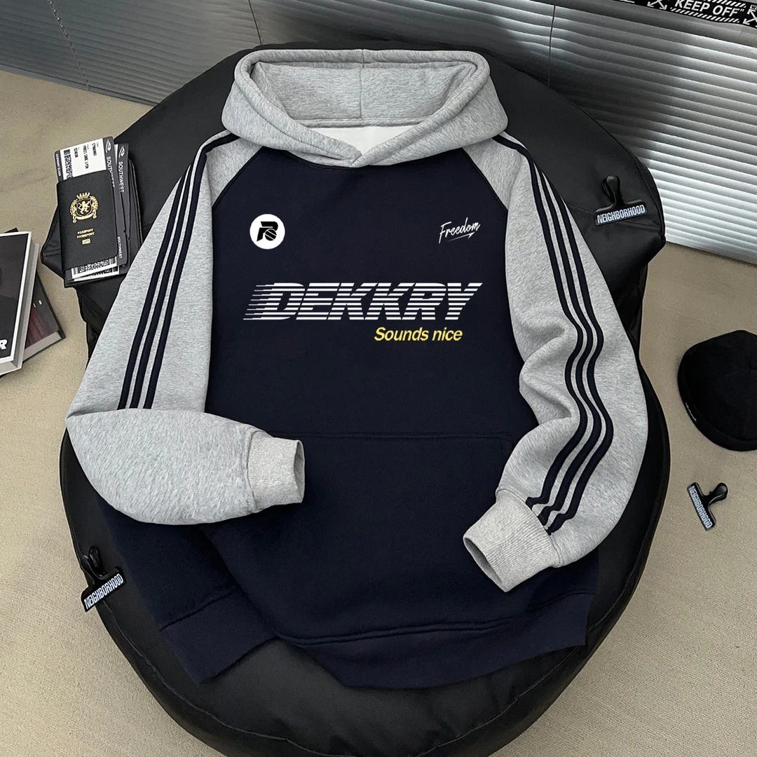 美式圆标横线字母印花连帽上衣秋冬季男女休闲宽松拼接三条杠卫衣