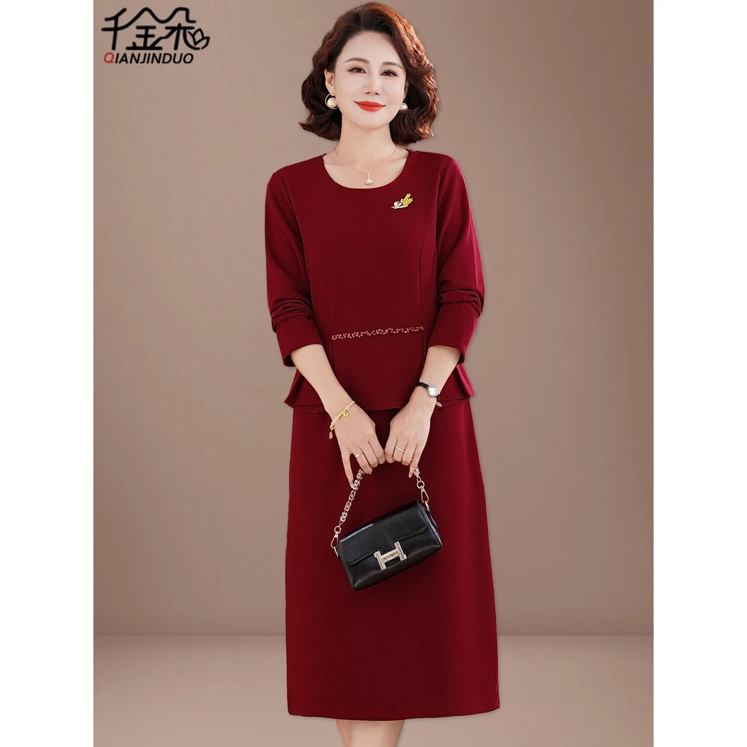 -喜婆婆婚宴装2025新款中老年妈妈假两件连衣裙十月份结婚礼服裙*