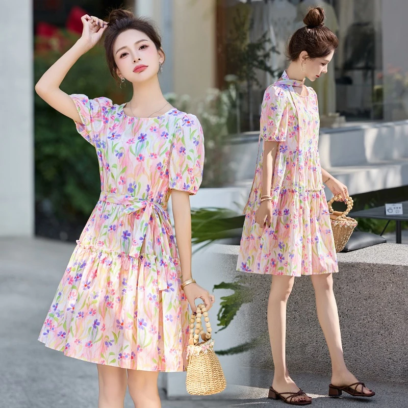 法式碎花连衣裙女夏季高级感复古油画风收腰遮肚子显瘦短款a字裙