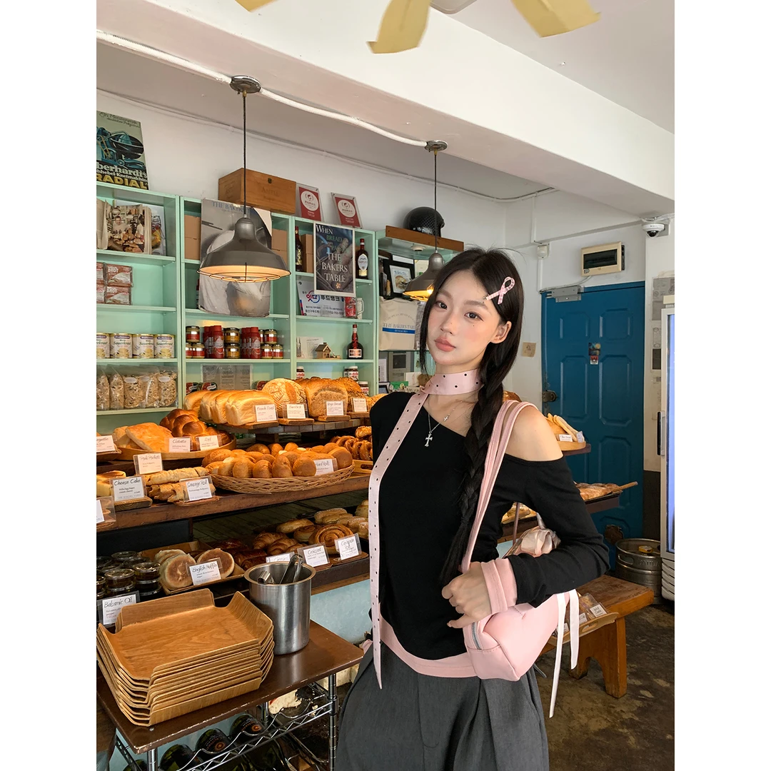 【HRG】秋季韩系气质百搭波点撞色拼接设计感T恤253H3109