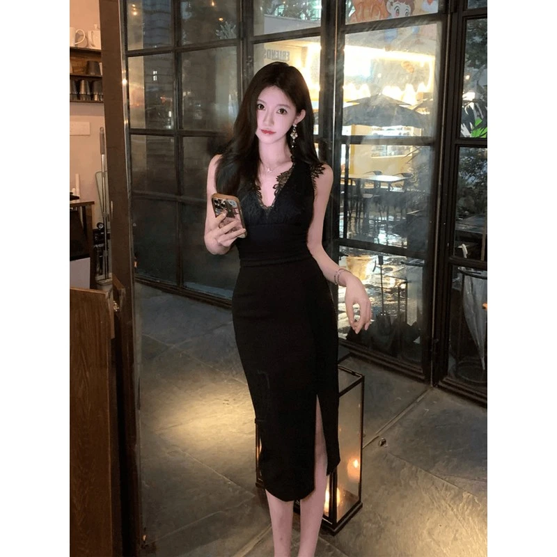 SYJ/舒衣家 法式气质蕾丝拼接v领无袖连衣裙女秋季气质名媛包臀裙