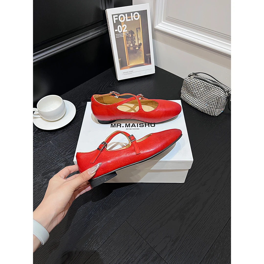 手式水洗马皮法式玛丽珍鞋女薄款2025新款夏季百搭浅口单鞋-88002