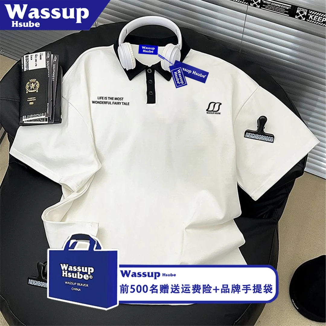 WASSUP HSUBE100%纯棉美式polo领字母印花短袖T恤男宽松韩版上衣