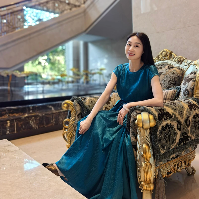 24姆米竖纹碎花满分桑蚕丝提花桑波缎圆领系带大摆裙252257-1-2