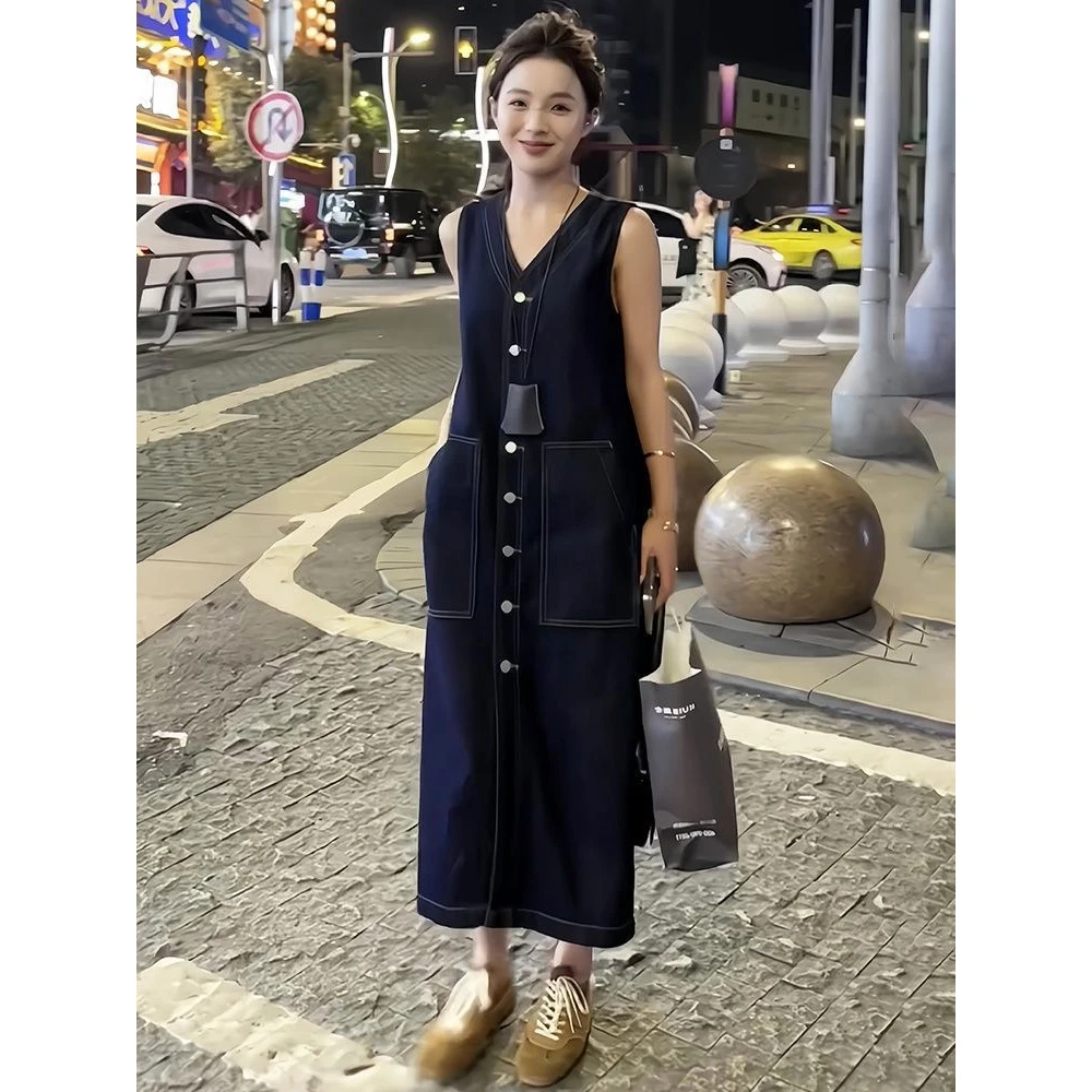 韩版背心复古无袖中长款牛仔连衣裙2025气质新款显瘦长裙发货