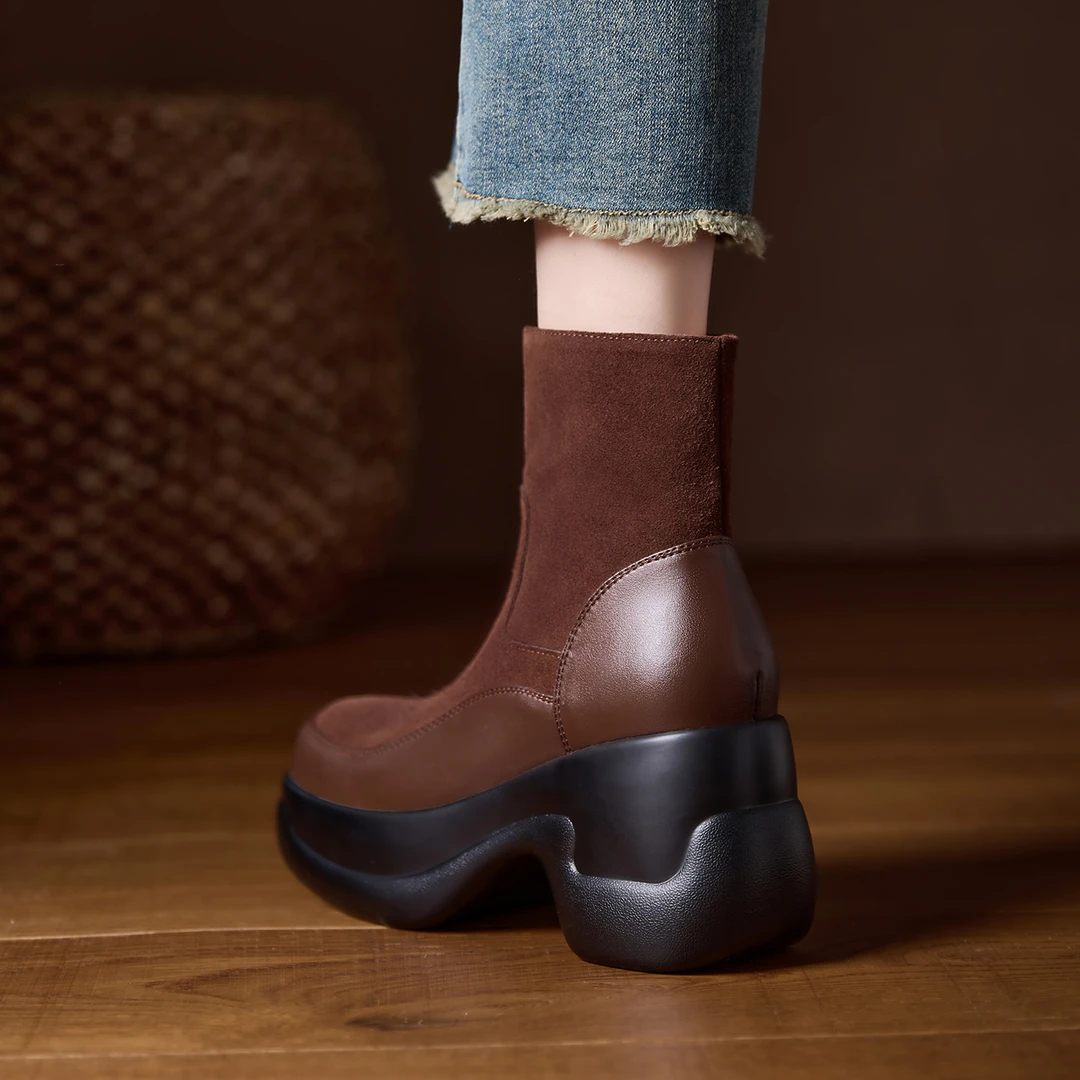 小个子增高8cm~厚底高跟女靴子坡跟防水台圆头短靴不累脚切尔西靴