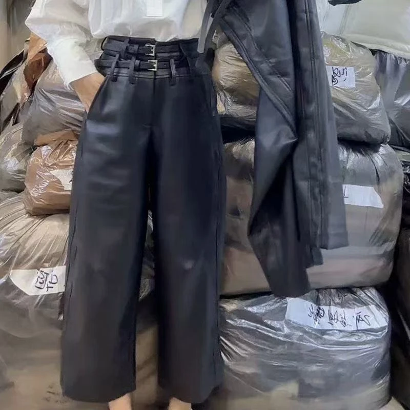 2024秋冬爆款个性双腰带高腰洋气百搭休闲PU皮九分阔腿仿皮裤