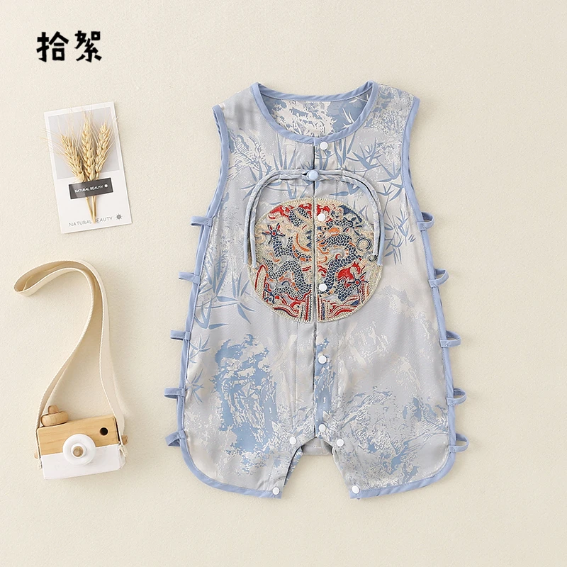 宝宝百天衣服中国风汉服婴儿夏季薄款连体衣夏装可爱周岁礼服哈衣