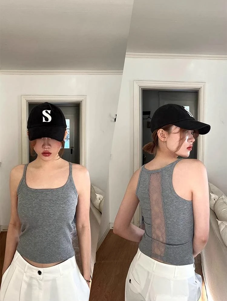 D纯欲蕾丝美背吊带背心内搭带胸垫免穿内衣修身显瘦打底上衣女装