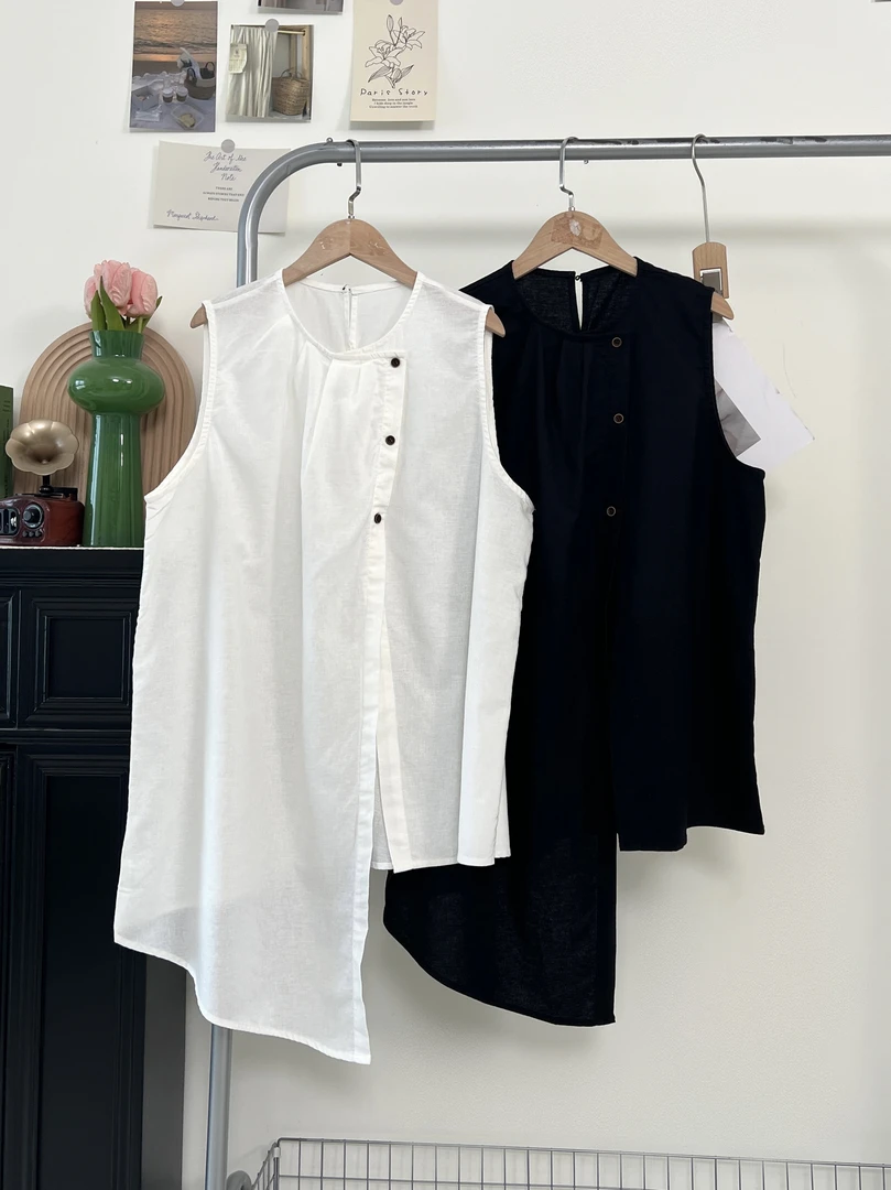 1290夏季纯棉设计感不规则套头无袖背心2025新款纯色简约上衣