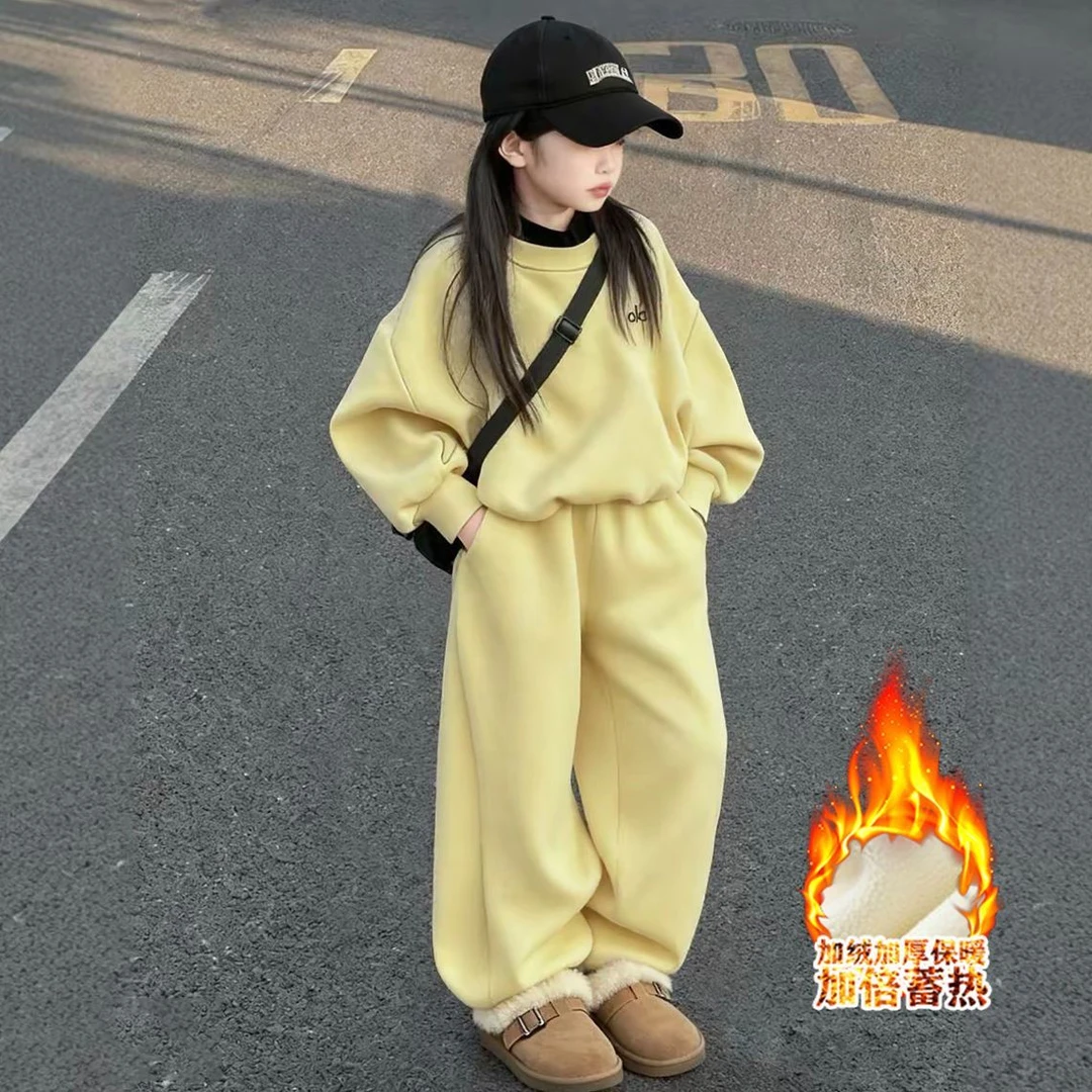 女童加绒加厚冬季套装2025新款中大童洋气运动冬装卫衣儿童两件套