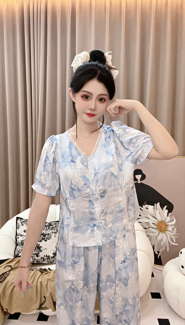 （融融雪顶）夏季气质睡衣亲肤套装家居服女带胸垫可外穿蕾丝蓝色