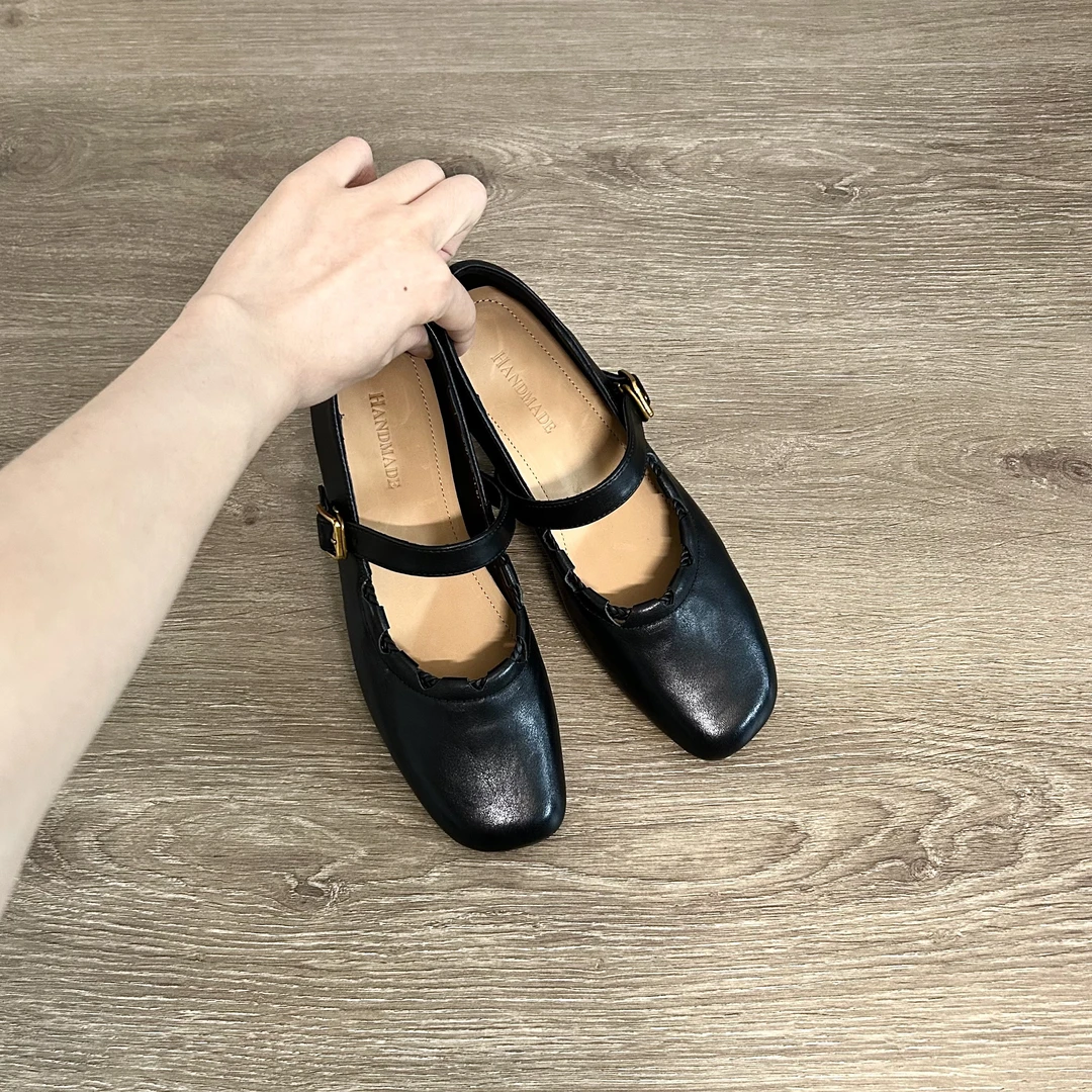 Dannyfrey复古圆头浅口粗跟玛丽珍鞋女一字带软皮软底百搭通勤鞋