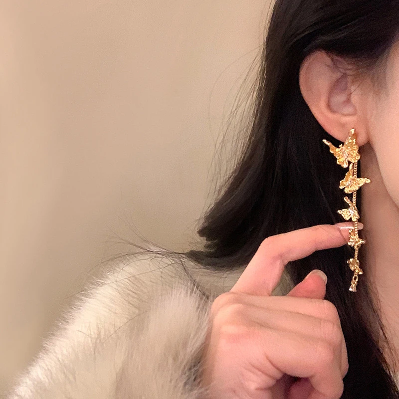 铜合金锆石耳饰 金色蝴蝶耳环2025新款爆款高级感轻奢流苏耳饰女