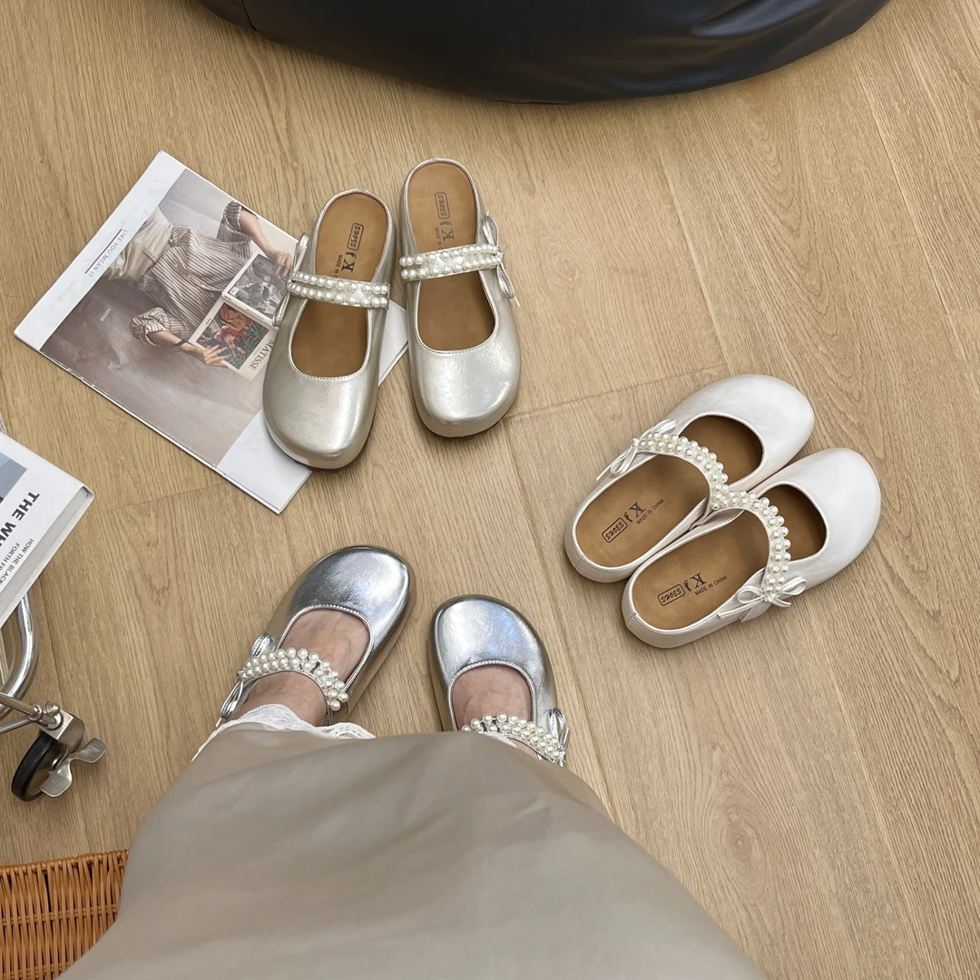 OP/OP【珍珠一字带】皮带扣学院风包头平底韩版包头拖春季夏季法式