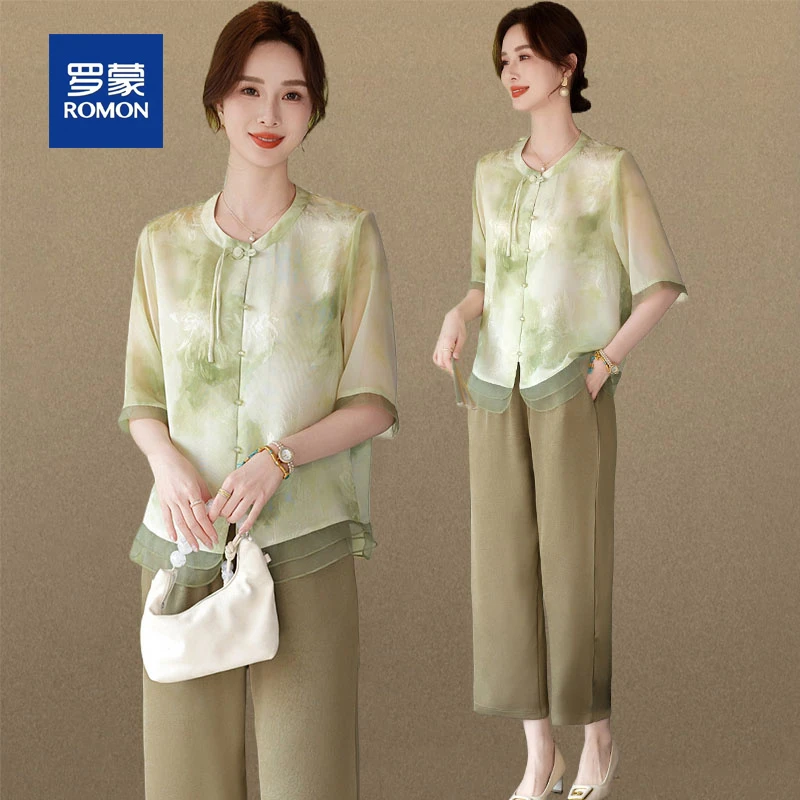 罗蒙母亲节衣服妈妈夏装新款高贵套装中老年夏季国风短袖两件套女