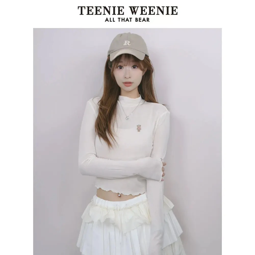 TeenieWeenie小熊2025新款白色截短款半高领长袖T恤YTLA254910B