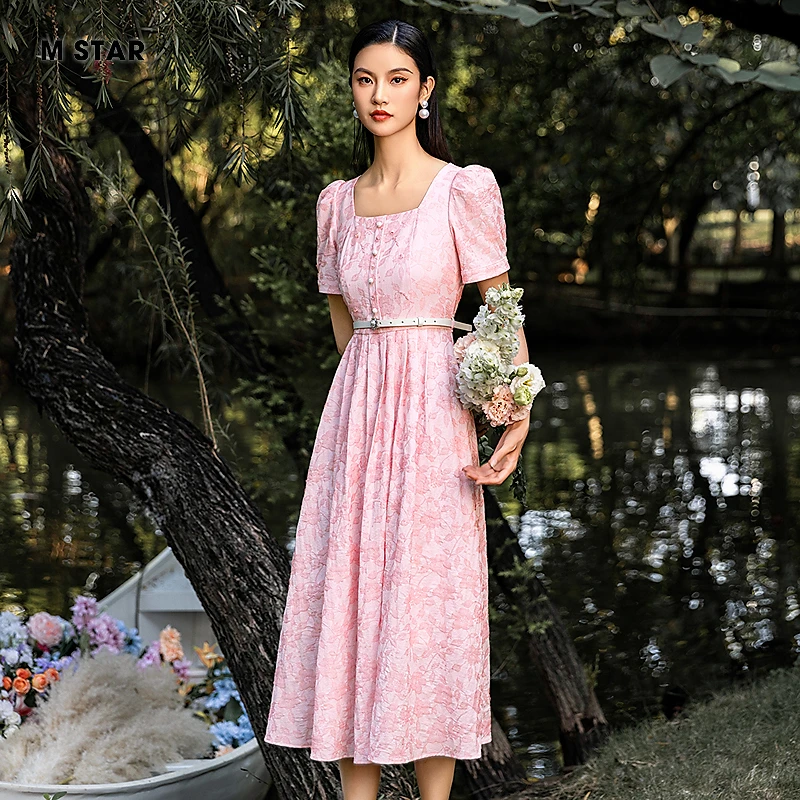M-Star夏季新款法式度假风方领短袖连衣裙显瘦裙子女装SFBL123855