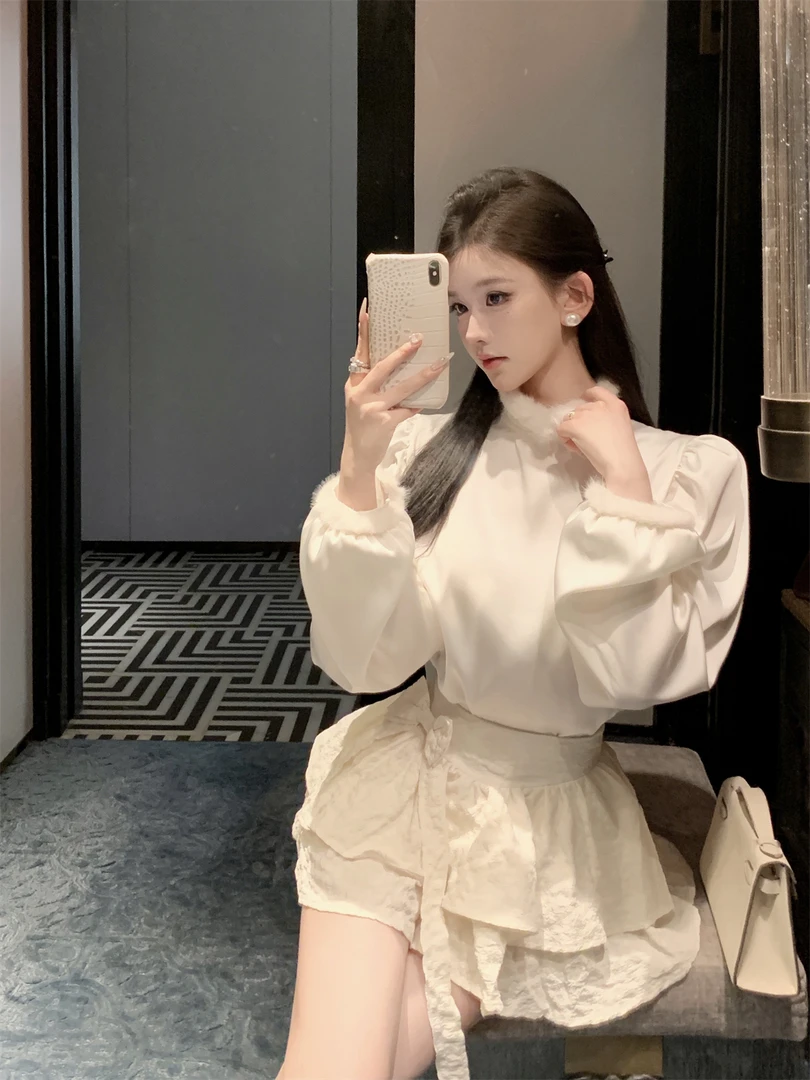 2025春季新款毛毛立领泡泡袖洋气小衫上衣蝴蝶结蛋糕裙女时尚套装