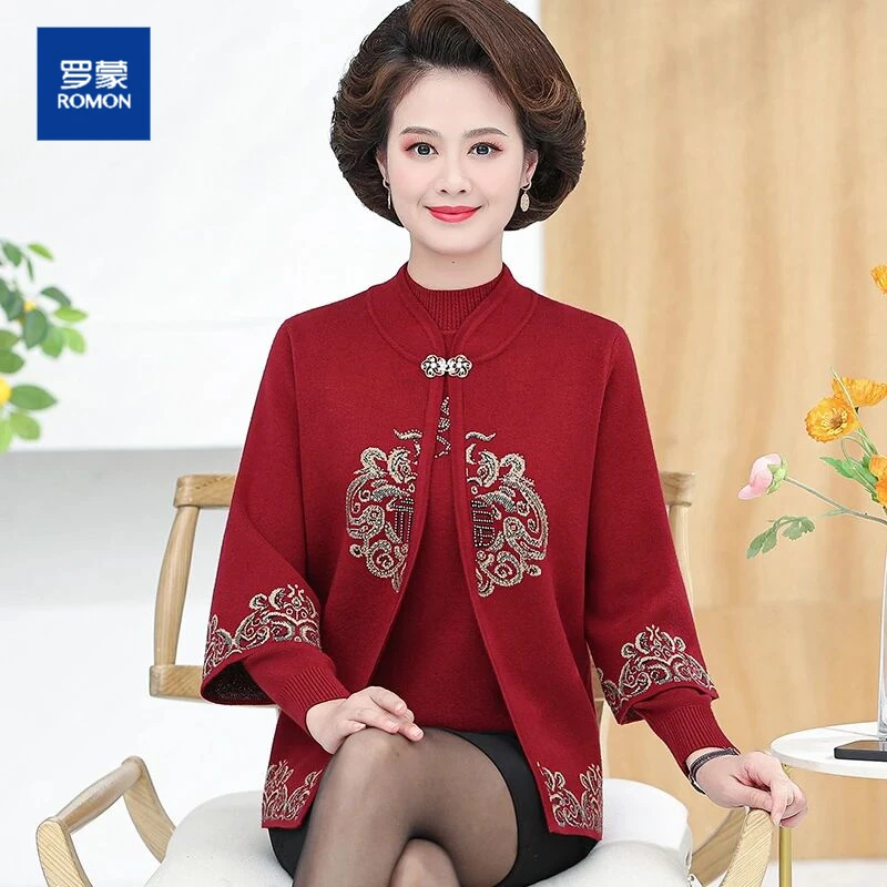 罗蒙中老年秋冬女妈妈新款两件套装奶奶新中式红色毛衣针织衫外套