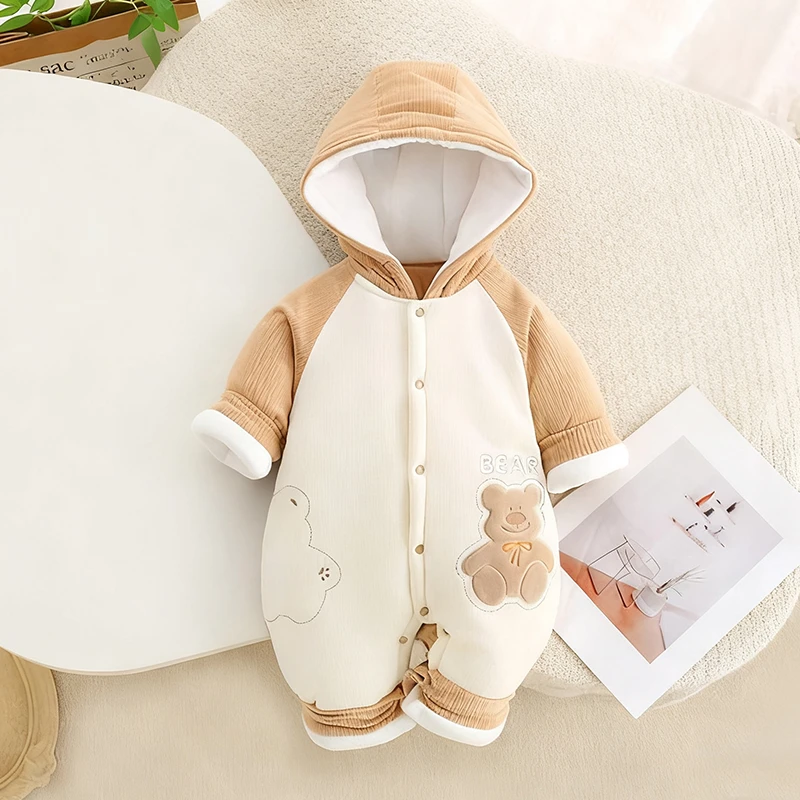 婴儿连体衣夹棉加厚棉衣爬服新生儿外出服冬装连帽