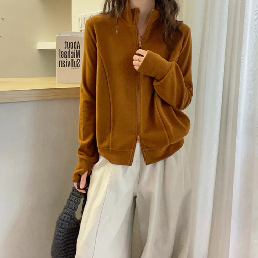 双面德绒磨毛宽松立领开衫长袖外衣女秋冬保暖加厚纯色休闲卫衣潮