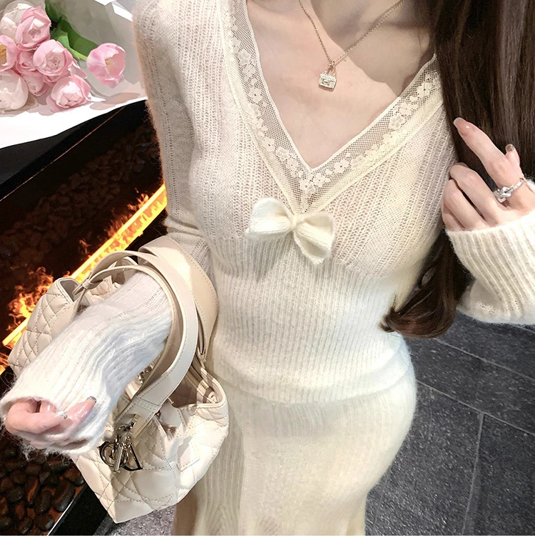 双倍甜意 秋冬新款仙气感蝴蝶结针织内搭软糯显瘦修身长袖上衣女