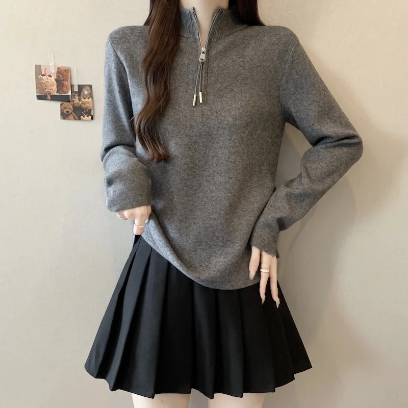 秋冬大码胖mm韩版翻领半拉链抽褶套头毛衣慵懒风彩点宽松针织上衣