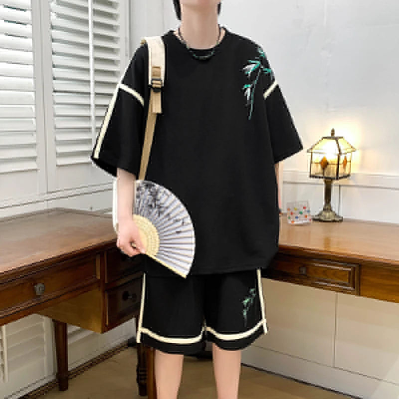 拼接夏季新款休闲运动套装男士百搭半袖夏装运动服加大码休闲薄款